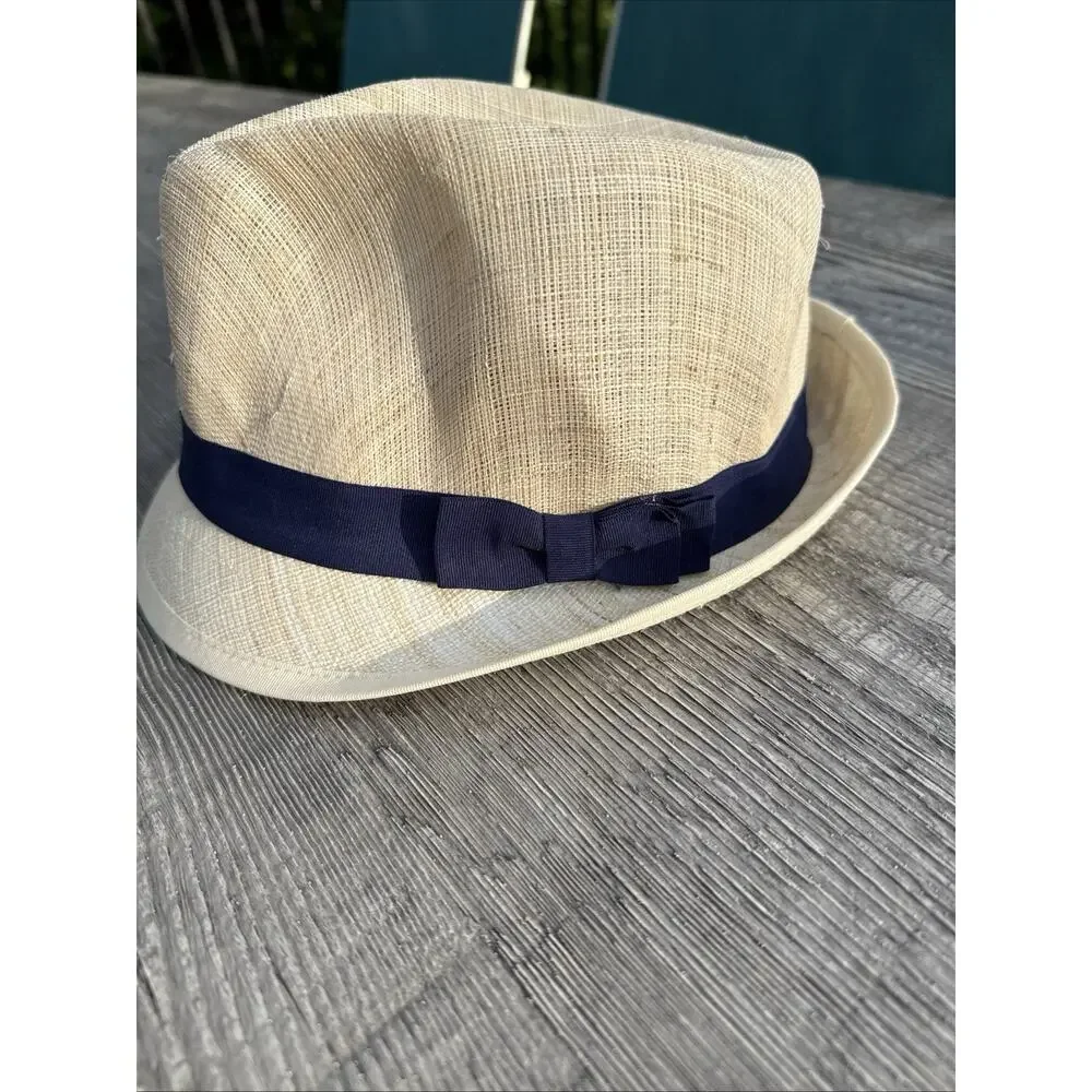 Ralph Lauren Women's Straw Fedora Hat Medium Ivory w/ Navy Grosgrain Band